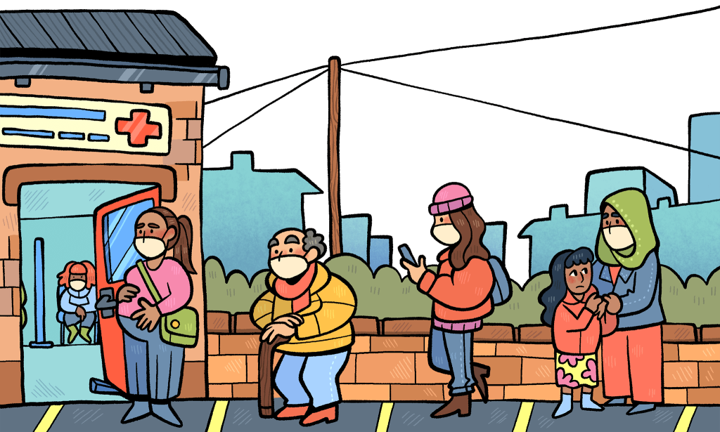 Illustration of a queue of people lining up outside a hospital