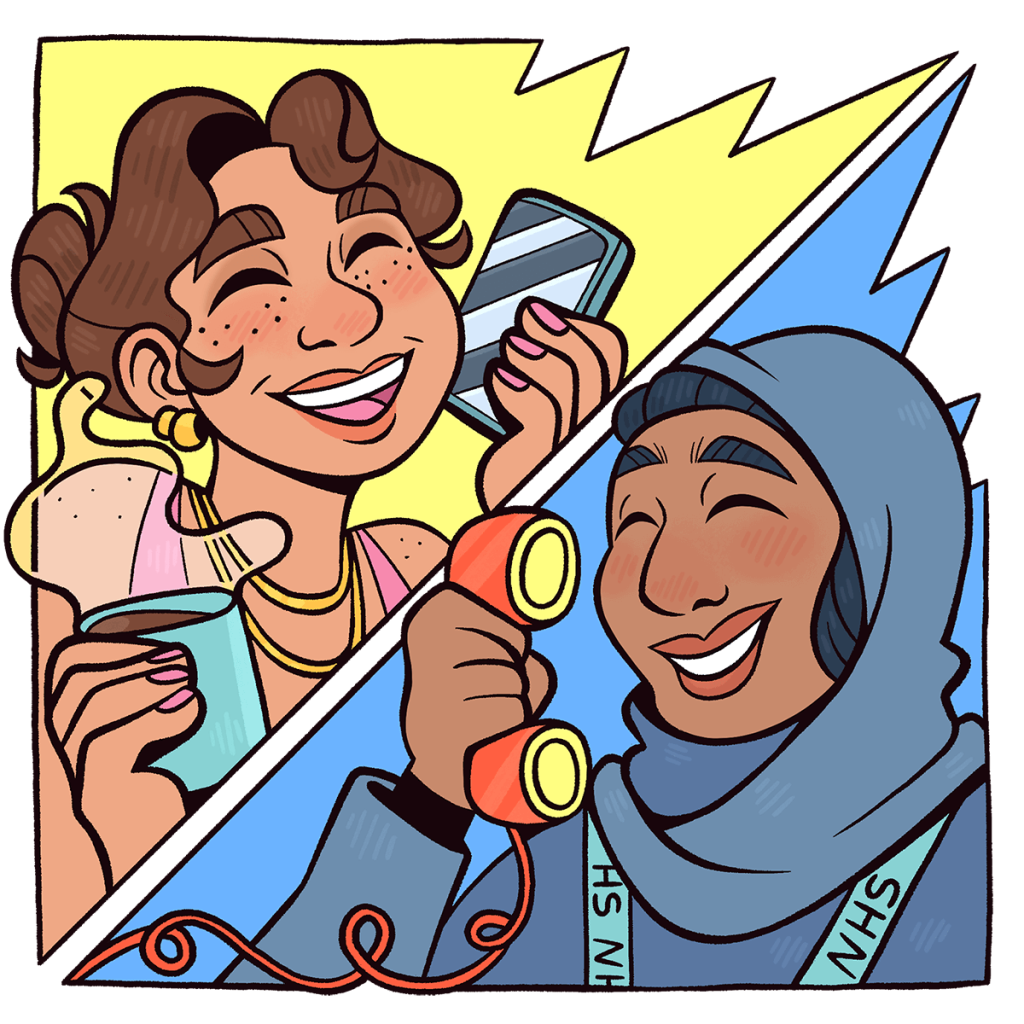 Illustration of two people talking on the phone